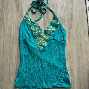 H &M Teal Halter Top with Gold Embroidery